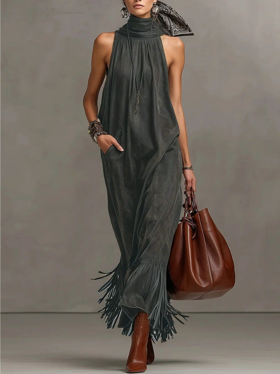Millie | Western Fringe Halter Maxi Dress