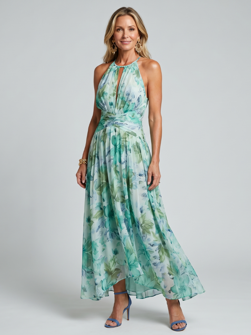 Portia | Pleated Floral Midi Dress with Halter Neckline