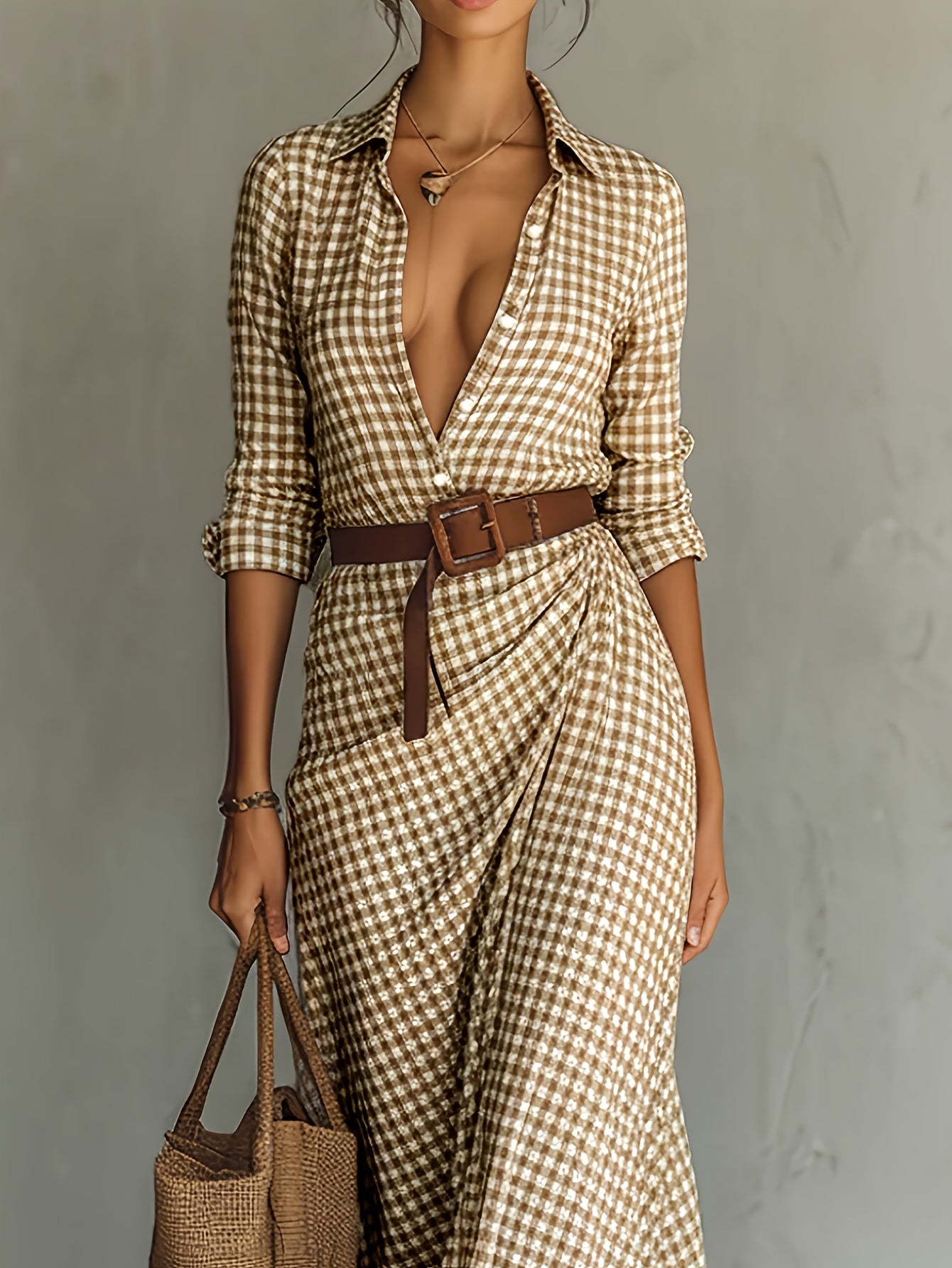 Alannah | Elegant Checkered Lapel Button Long Sleeve Dress