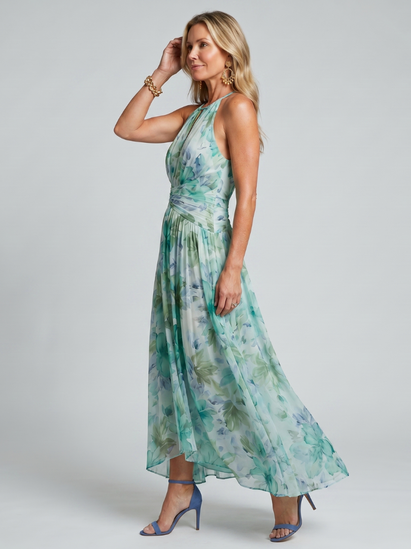 Portia | Pleated Floral Midi Dress with Halter Neckline