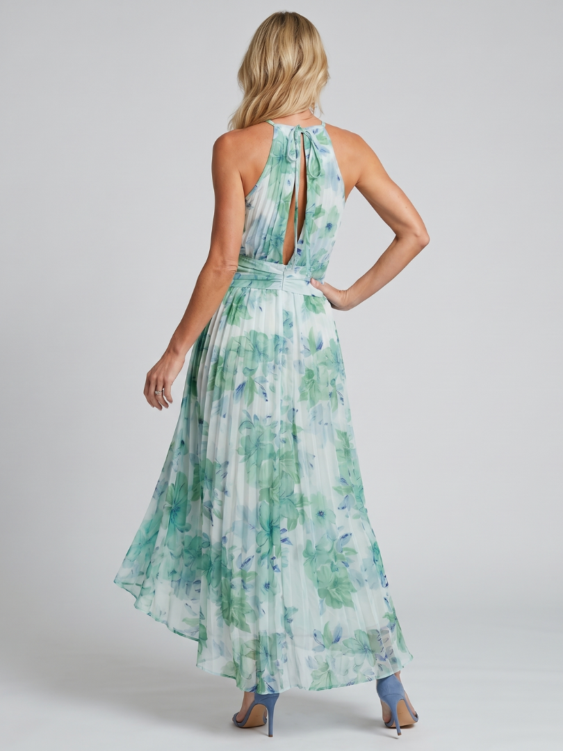 Portia | Pleated Floral Midi Dress with Halter Neckline