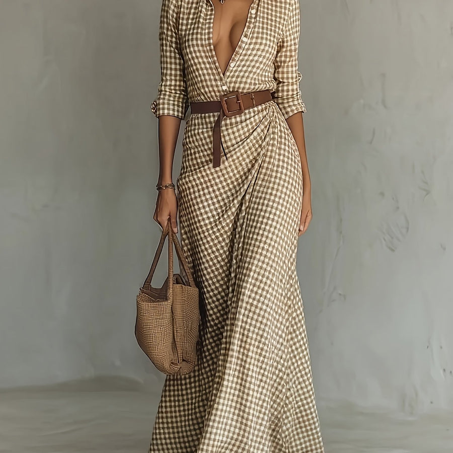 Alannah | Elegant Checkered Lapel Button Long Sleeve Dress