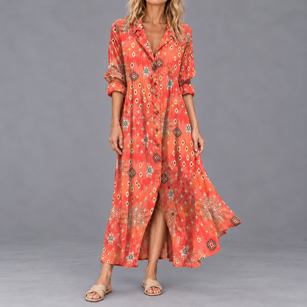 Paula | Women's Half-Sleeve Boho Maxi Dress with Bold Print