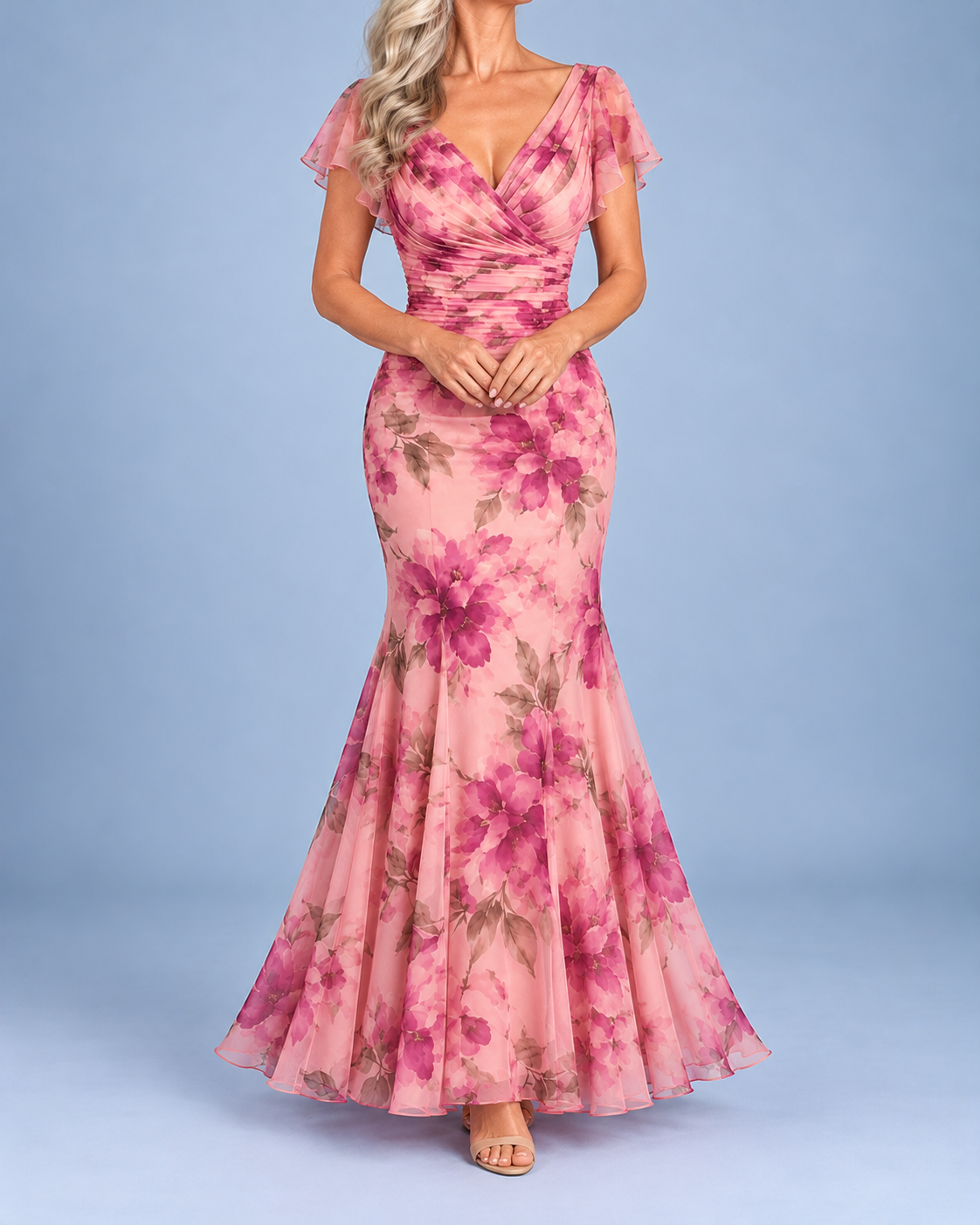 Rose Pink Chiffon Floral Print Cowl-Neck Fishtail Maxi Dress