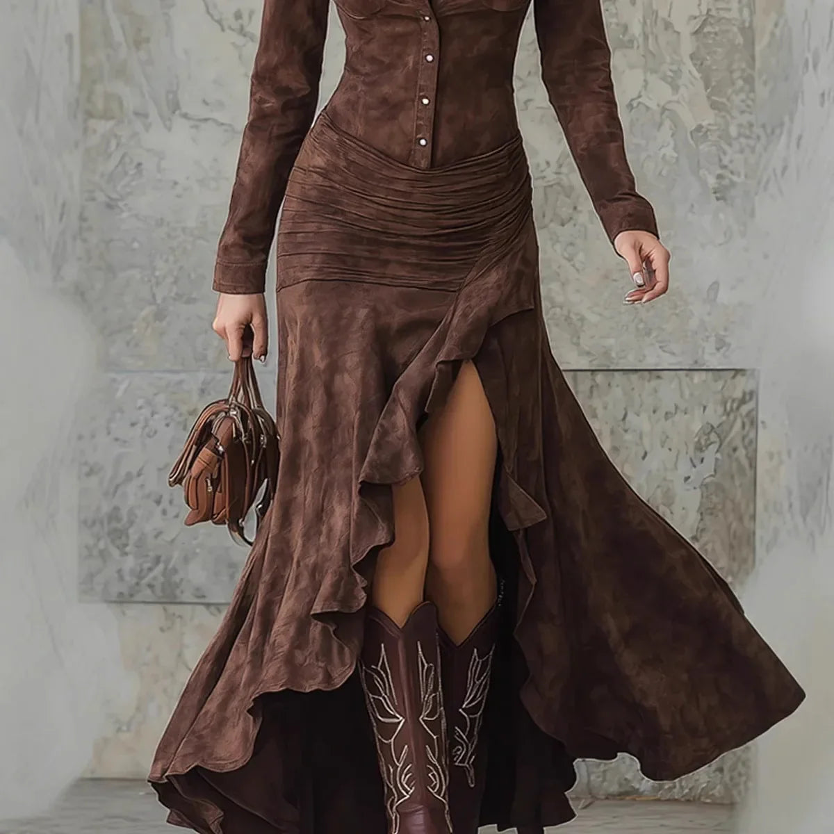 Bailey | Asymmetric Ruffle Hem Suede Maxi Dress