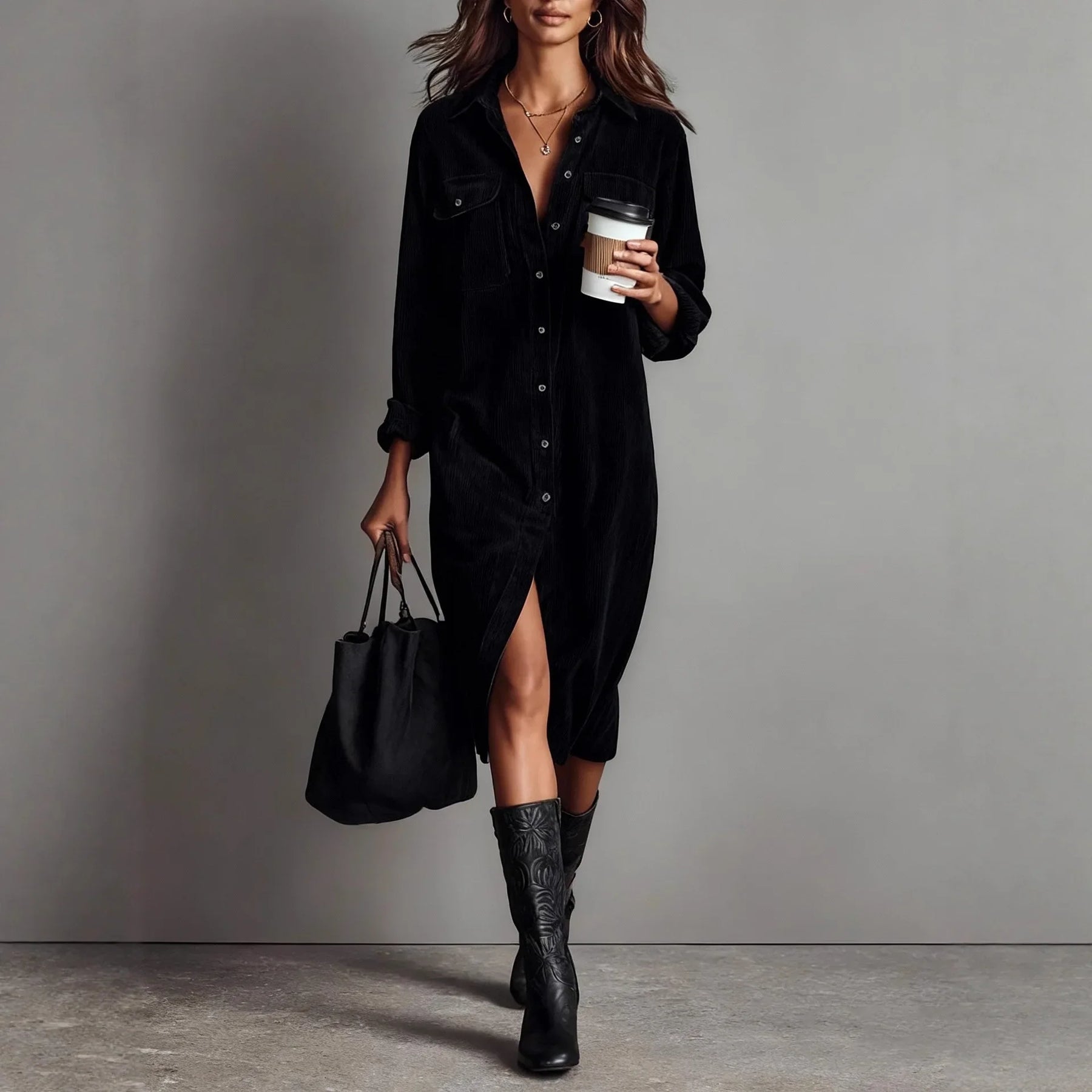 Ashleigh | Boho Corduroy Polo Collar Maxi Dress