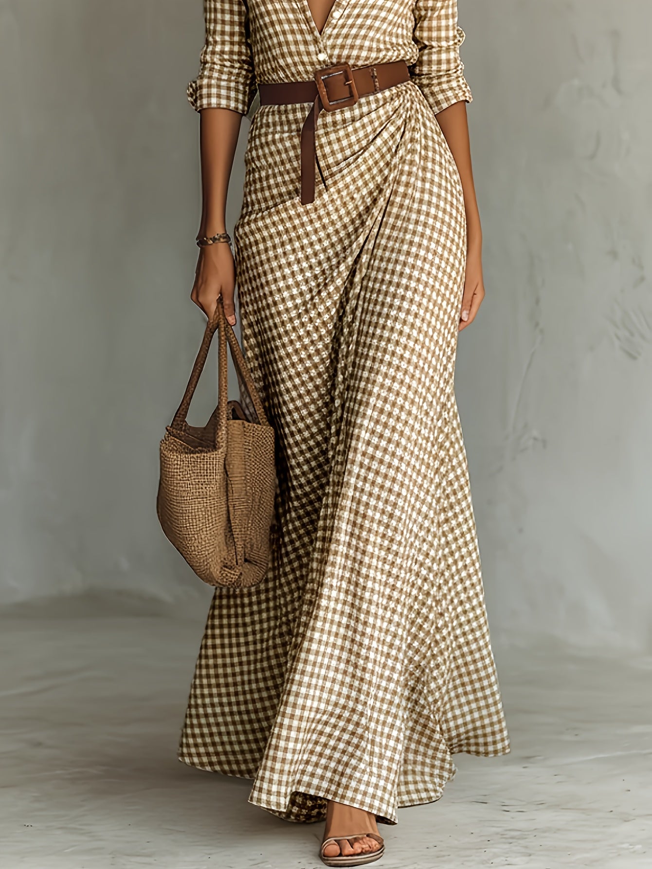 Alannah | Elegant Checkered Lapel Button Long Sleeve Dress