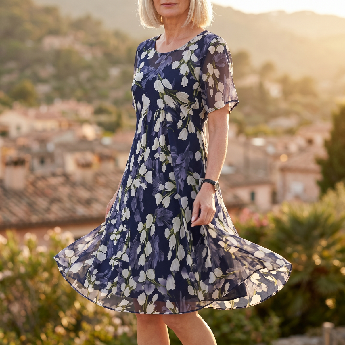 Emma | Elegant Navy Blue Floral Midi Dress