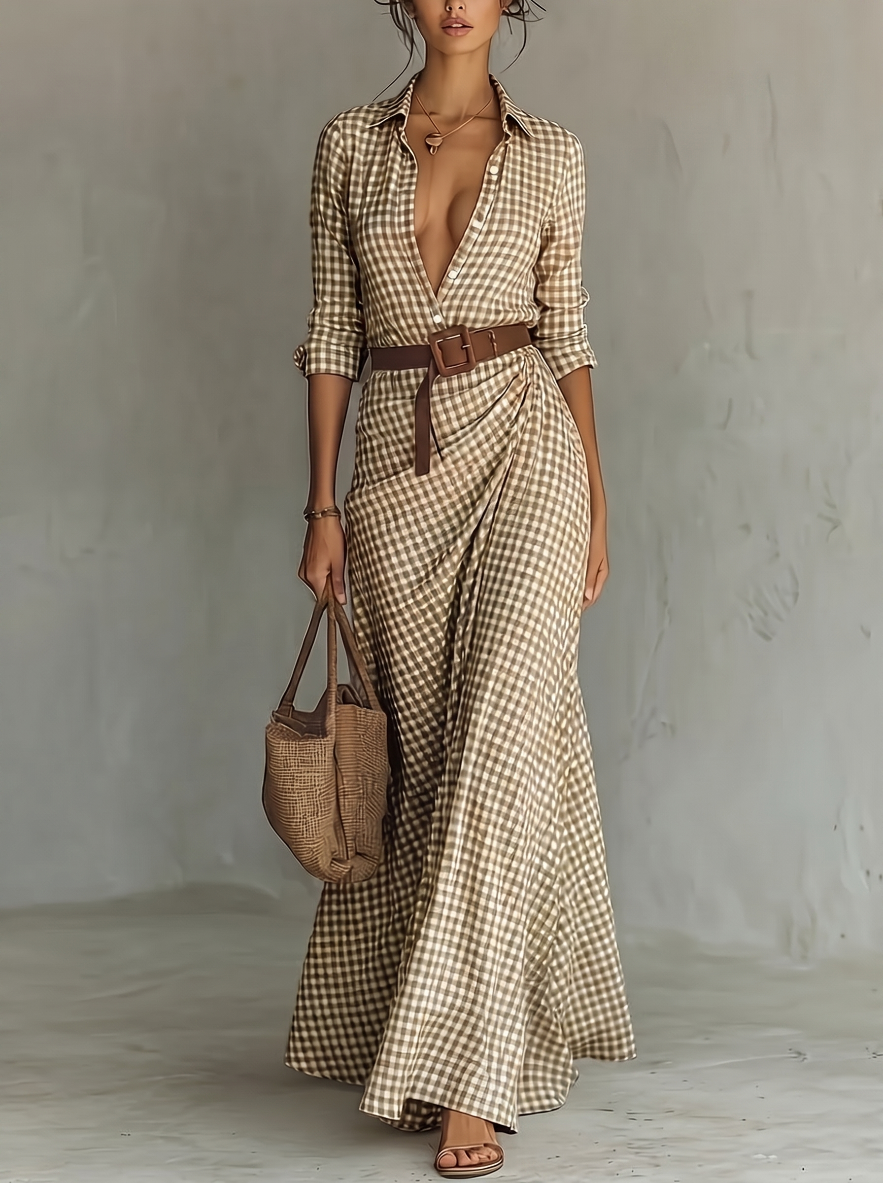 Alannah | Elegant Checkered Lapel Button Long Sleeve Dress