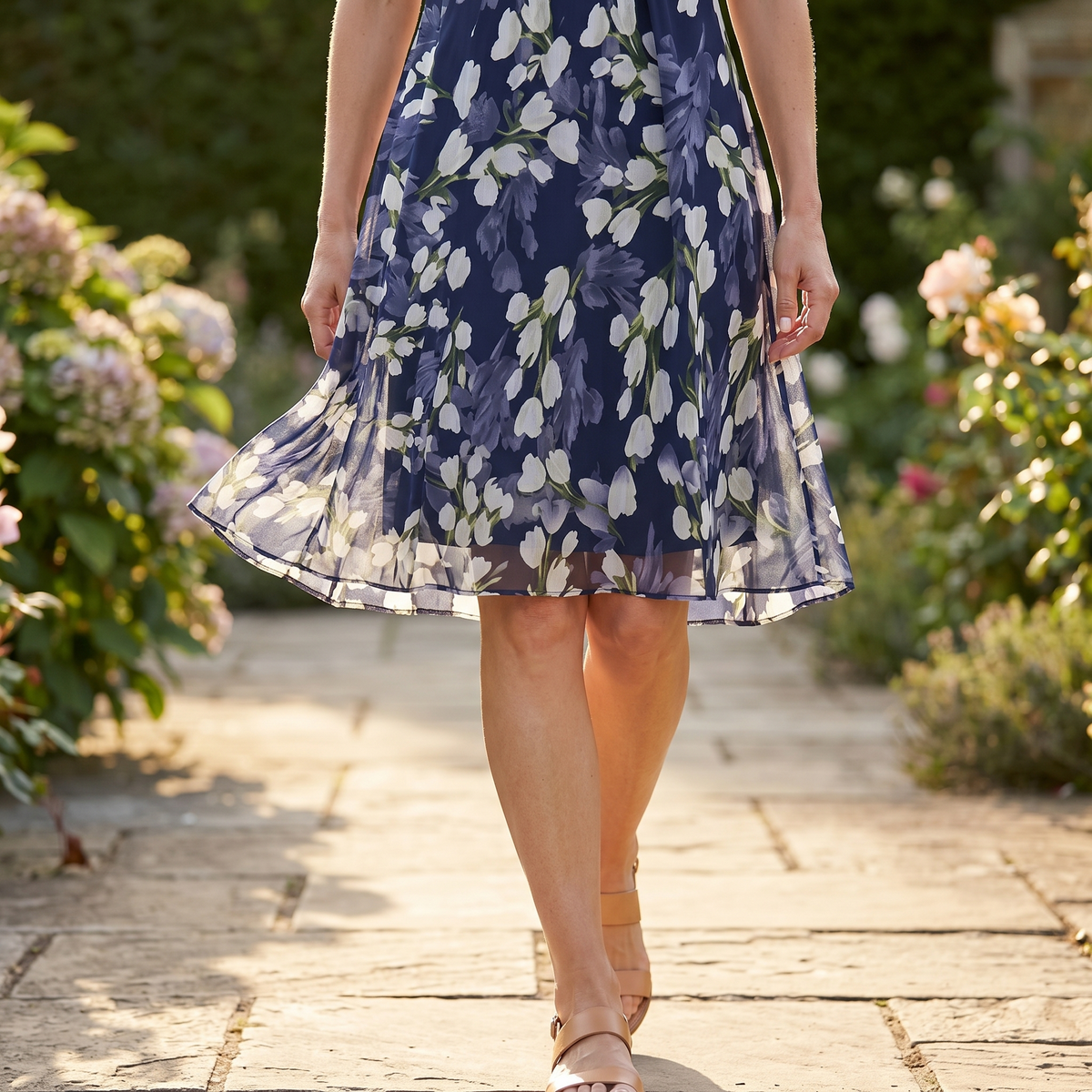Emma | Elegant Navy Blue Floral Midi Dress