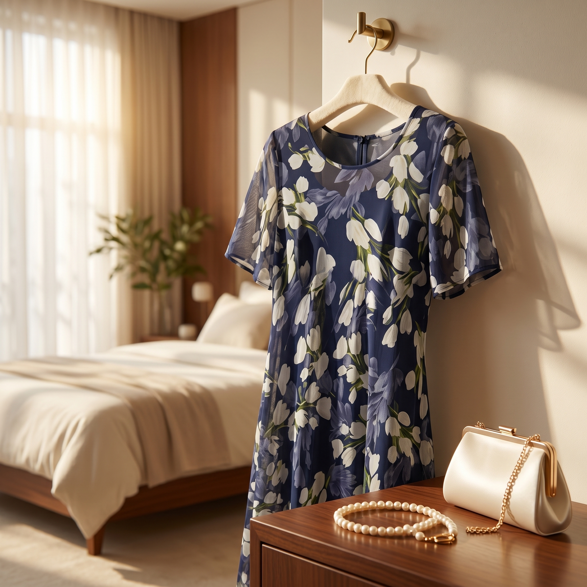 Emma | Elegant Navy Blue Floral Midi Dress